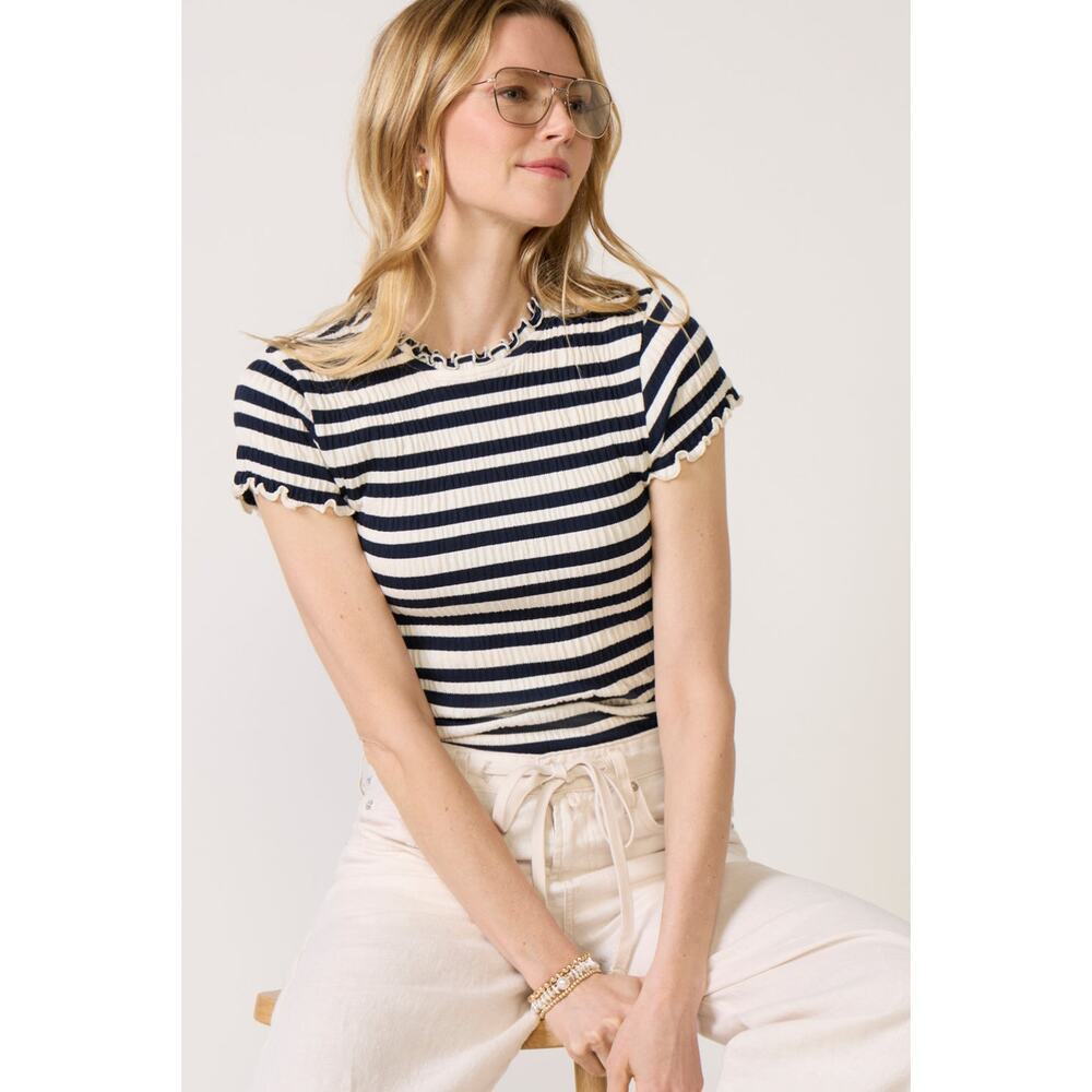 NWT Nation LTD Natalia Top Navy Stripe Lettuce Hem Ribbed Baby Tee Coastal Large